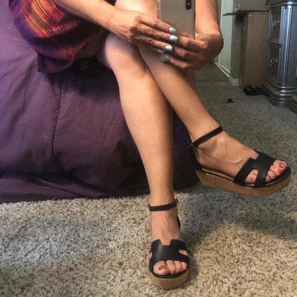 NEW Black cork look wedge sandals